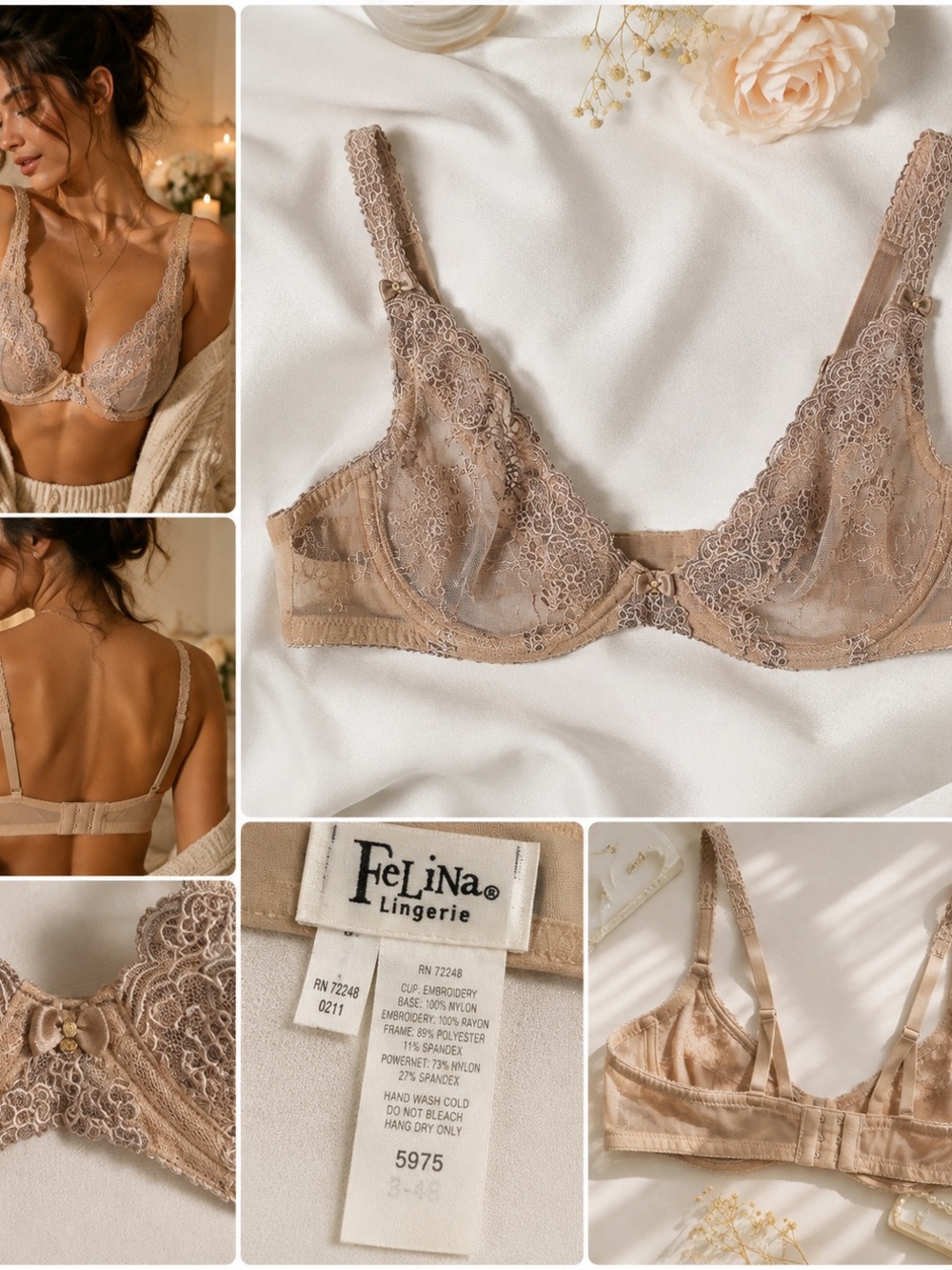 Felina Lingerie Bra 34B Beige Nude Sheer Coquette Floral Lace Y2K Embroidered